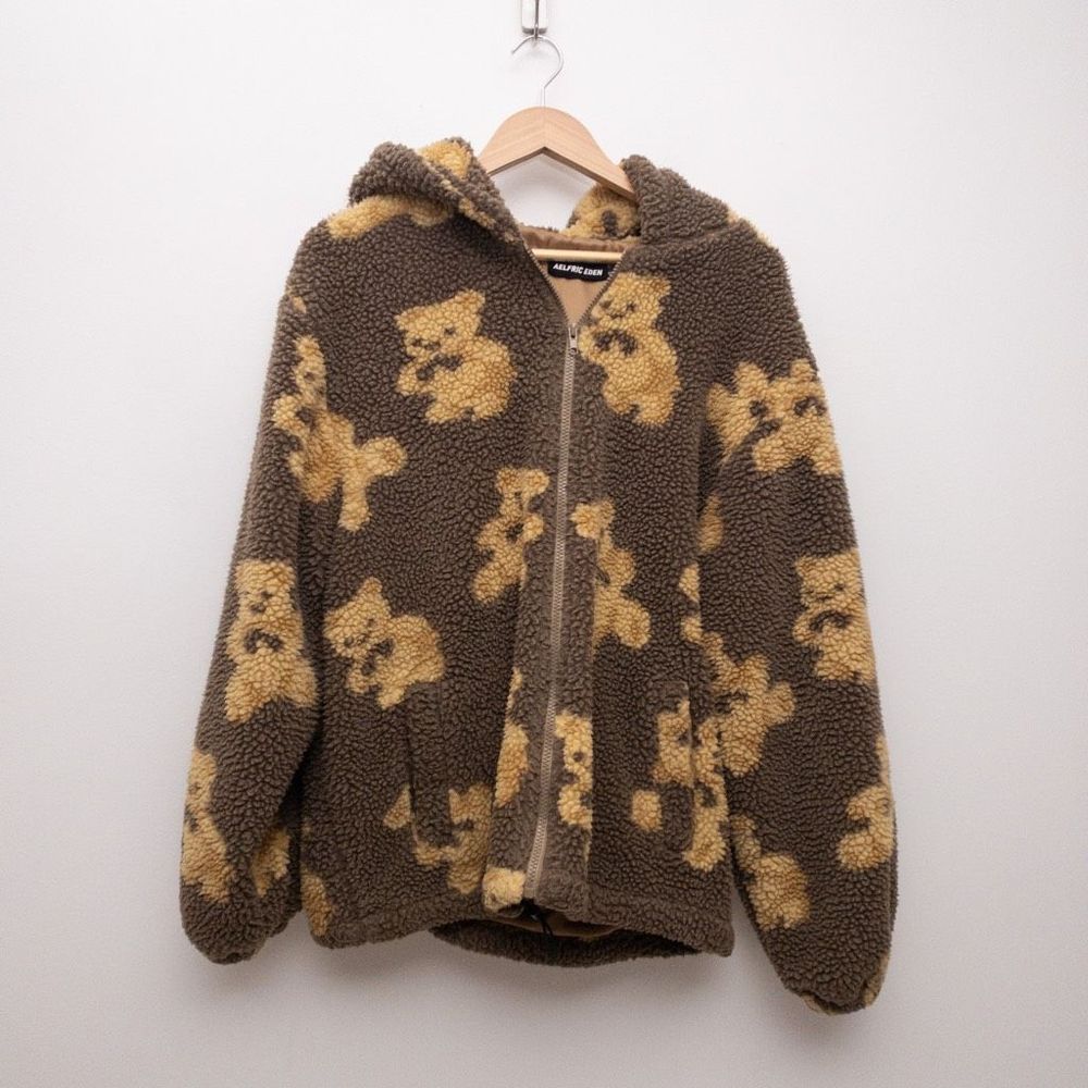 Aelfric Eden Teddy Bear Print Sherpa Hoodie Jacket Size Small - Picture 2 of 11